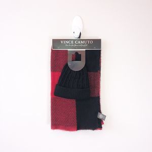 Vince Camuto Beanie Hat and Scarf Gift Set, Plaid Red Black 2 Pc NWT